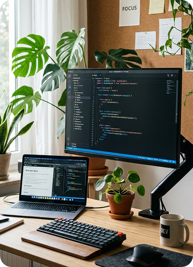 Website development workspace with coding screens